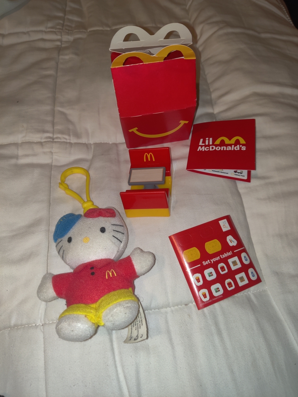 McDonald's Hello Kitty Plush Keychain & McDonald's Toy Bench Red, Yellow & Blue